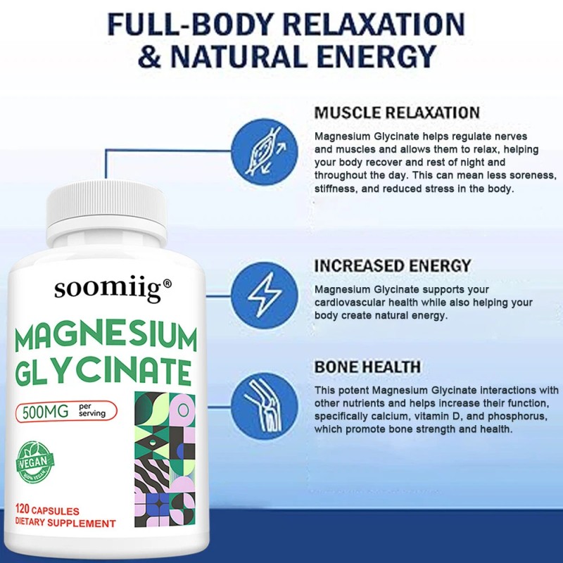 SOOMIIG Magnesium Glycinate 120 Capsules - Improves mood and sleep,
