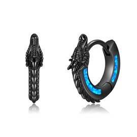 13mm Dragon Hoop Earrings Sterling Silver Black Opal Dragon Huggie Hoop Earrings Viking Punk Rock Jewelry Gift for Men