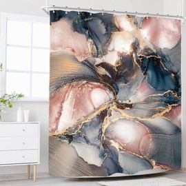 Riyidecor Marble Abstract Shower Curtain for Bathroom Decor 60Wx72H Navy Blue Pink Rose Gold Modern Purple Marble Ombre Luxury Texture Geometric Aesthetic Ink Printed Fabric Polyester Waterproof