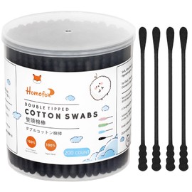 HOMEFOX Black Cotton Swabs Spiral - 200 Count Organic Cotton Buds Gothic Bathroom Tightly Wrapped Charcoal Cotton Tips Paper Stick Soft Gentle Cruelty-Free Lint-Free, Round & Spiral (Black)