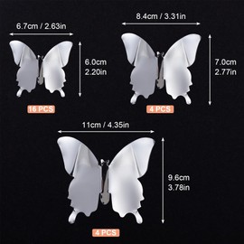 HINZIC 24Pcs Laser Butterfly Wall Decor, DIY Mirror 3D Silver Butterflies Wings Removable Stickers for Home Girl Bedroom Classroom Room Nursery Wedding Birthday Party Cupcake Decals, 3 Sizes