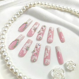Long Press on Nails Square Fake Nails with Flower Rhinestones Designs French Tip Nails Press ons Glossy Glue on Nails White False Nails Pink Acrylic Nails Stick on Nails for Women 24Pcs