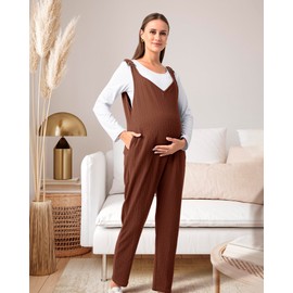 Rnxrbb Adjustable Fall Maternity Overalls Casual V Neck Maternity Pants Jumpsuits Clothes with Pockets,Coffee brown-2XL