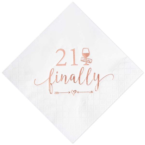 Crisky 21th Birthday Cocktail Napkins Rose Gold 21th Birthday Party Decorations for Cake Dessert Berverage Table, 21th Birthday Party Supplies, 21 Finally Legal Drink,50 Pcs, 3-Ply