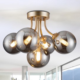 DHK wot Glass Globe Chandelier Modern Sputnik Chandelier 5-Light Gold Semi Flush Mount Ceiling Light Fixture Sputnik Ceiling Light Fixture with Smoky Grey Glass for Kitchen Bedroom