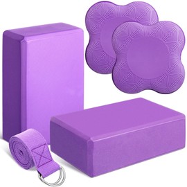 RoundFunny 5 Pcs Yoga Blocks Knee Pads Yoga Strap Set Soft Premium Foam Blocks Accessories for Pilates Meditation General Fitness Stability, Kneeling, Balance, Deepen Stretches and Toning