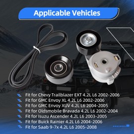 3PCS Drive Belt Tensioner Pulley Kit for Chevy Trailblazer EXT 2002-2006, for GMC Envoy 2002-2006, for Bravada 2002-2004, for Ascender 2003-2005, for Buick Rainier 2004-2006, 4.2L L6 - OE 38178