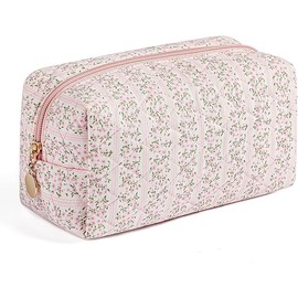Makeup Bag Travel Cosmetic Bag for Women Girls, Zipper Make Up Pouch, Floral Flowers Toiletry Organizer Makeup, Portable Storage Cosmetic Travel Cloth Bag (Pink)