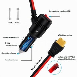 YINGAYOU Cavo XT60 Accendisigari con Interruttore 14AWG 20A Cavo Ricarica XT60 Accendisigari 12V 24V con LED Fusibile per Auto, Moto, Barche (2 m)
