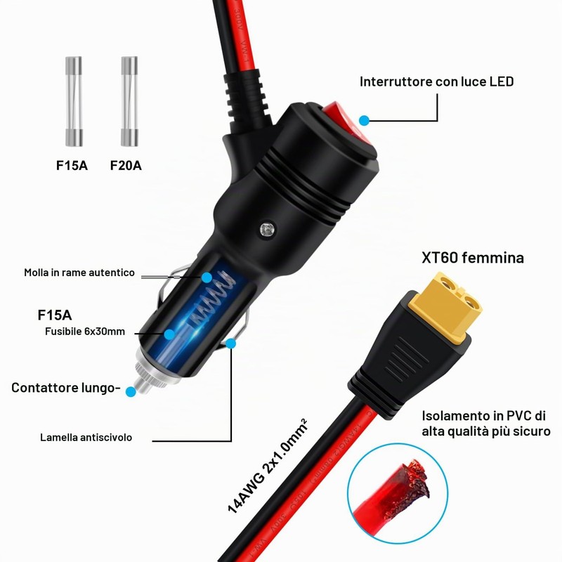 YINGAYOU Cavo XT60 Accendisigari con Interruttore 14AWG 20A Cavo Ricarica