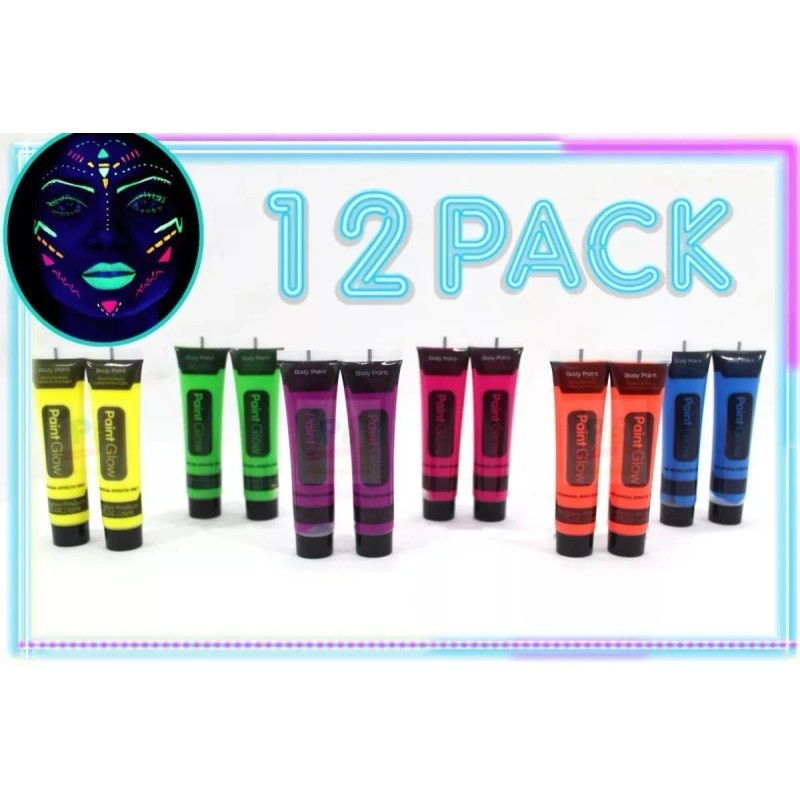 GLOW Arte 12 Pinturas Body Paint Neon Luminosas Glow Cuerpo/cara+regal