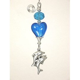 Silvery Dolphins and Starfish Blue Heart Glass Ceiling Fan Pull