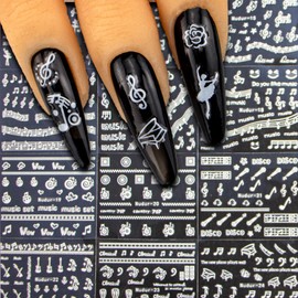 24 Sheets White Music Note Nail Art Stickers,3D Self-Adhesive Music Theme Nail Decals,Elegant Nail Sticker Decals Pegatinas UñAs Artist Superstar Music Lover Nail Stickers Supplies Design Decoration