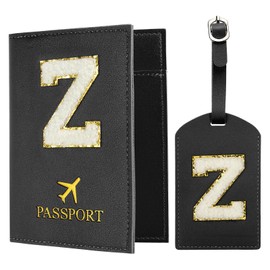 PATIKIL Passport Holder for Travel, Initial Passport Cover and Luggage Tag Set with Alphabet Chenille Letter Patch Travel Wallet Bag Suitcase Identifier for Women Family Travel Black Z