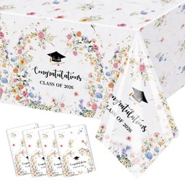 AIBIIN 4 Pcs Wildflower Graduation Tablecloths Floral Congrats Grad Disposable Table Covers Class of 2026 Graduation Party Table Cloth Decorations