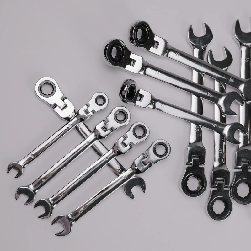 Vokenforu 15mm Flex-Head Ratchet Spanner, Metric Wrench, Chrome Vanadium Steel,