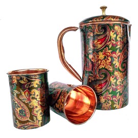 Rastogi Handicrafts Solid Copper Screen Printed Jug and 2 Tumblers Set 1 Pitcher 2 Tumbler