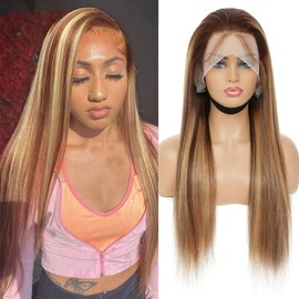 Xojao Highlight 13x4 HD Lace Front Wigs Human Hair 4/27 Honey Blonde Straight Transparent Lace Front Wigs Pre Plucked 12A Ombre Wigs Human Hair for Women 180% Density 20 Inch
