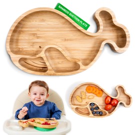 Bamboo Divided Suction Plate Baby - Strong Suction Toddler Plates - Non-Toxic All Natural Eco Friendly Materials - Whale