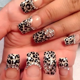 French Tip Press on Nails Medium Square Fake Nails Glossy Brown Leopard Print False Nails with Silver Rhinestone French Designs Glossy Glue on Nails Acrylic Nails for Women Manicure Nail Decor 24Pcs