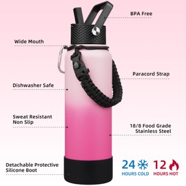 BJPKPK Insulated Water Bottle with Straw Lid, 40oz Large Thermos with 3 Lids, Paracord Handle & Non-slip Boot, BPA Free Leak Proof Stainless Steel Metal Water Bottles, Tumblers, Cups,Cherry
