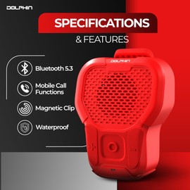 Dolphin CLP-10 Waterproof Bluetooth Speaker with Magnetic Clip & Hands-Free Calling - Rugged Portable Speaker for Construction, Cycling, and Outdoor Sports (Red)