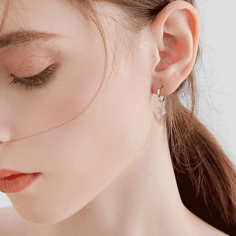 SILBERTALE Moon Dangle Hoop Earrings 925 Sterling Silver Cubic Zirconia