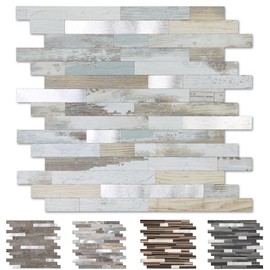 Yipscazo 20 Sheets Peel and Stick Stone Metal Tile Backsplash, Stick on Tiles for Backsplash Kitchen, Bathroom, Laundry Room, Camper, Fireplace (12'' X 12'', White Wood with Metal)