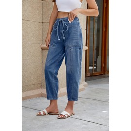 Women's Wide Leg Baggy Jeans Elastic Low Rise Barrel Jean Loose Boyfriend Denim Pants with Drawstring Deep Blue