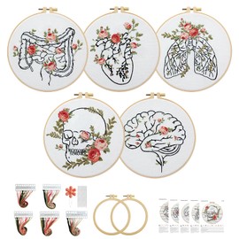 CMINAUS 5 Sets Skull Brain Heart Embroidery Kit, Embroidery Start Kit for Doctors Nurses with Floral Stamped Pattern, DIY Needlepoint Kit for Beginners, Cross Stitch Set for Adults Includes 2 Hoops