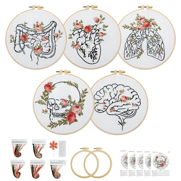 CMINAUS 5 Sets Skull Brain Heart Embroidery Kit, Embroidery Start
