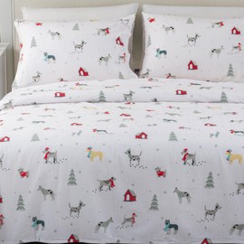 Great Bay Home Christmas Flannel Sheet Set Twin Size - 100% Turkish Cotton, Double-Brushed, Winter Bed Sheets - Ultra-Soft, Cozy, 3-Piece Christmas Bedding Set (Pups in The Snow)