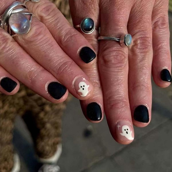 Halloween Press on Nails Short Square Fake Nails Black Nails