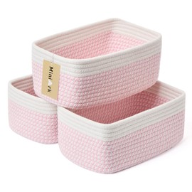 MiniArk Shelf Storage Baskets for Organizing | Closet Organizer Bins | Small Baskets | Toy Basket | Cute Decorative Basket | Cube Storage Bin | Woven Rope Basket | 11.5×7.5×4.7” | 3 Packs White Pink