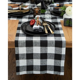 Solino Home En White y Negro Camino de Mesa Lino 132 Pulgada Larga – 100% Lino Puro 14 x 132 Pulgadas Extra Larga Camino de Mesa – Comedor Granja Camino de Mesa – Buffalo Check