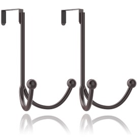 HFHOME 2Packs Over The Door Double Hanger Hooks, Metal Twin Hooks Organizer for Hanging Coats, Hats, Robes, Towels- Brown
