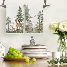 Artoid Mode Elk Bunny Tree Flowers Spring Kitchen Towels Dish Towels, 18x26 Inch Farmhouse Butterfly Decoration Hand Towels Set of 2