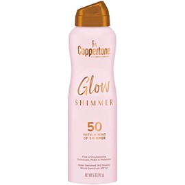 Coppertone Glow - Espray de protección solar FPS 50 con brillo, protector solar en aerosol resistente al agua, pantalla solar de amplio espectro FPS 50, espray de 5 onzas