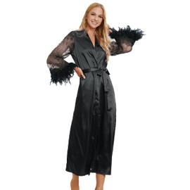 NOWDER Women Feathers Robes Long Bride Silky Lace Kimono Robe for Wedding Bridal Party Maternity Photography Gowns (Black, 2-3XL)