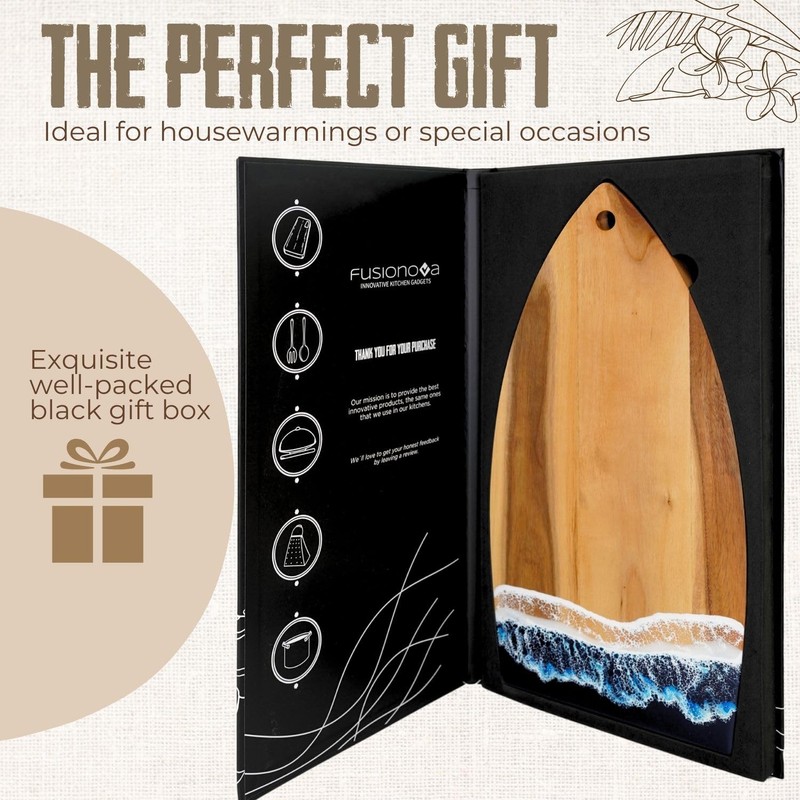 FUSIONOVA Acacia Cutting Board with Epoxy - Surfboard Shaped Wood