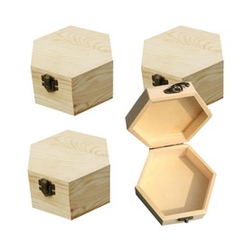 Sonwaha 4 Pieces Wooden Box with Lid, 13 x 7 cm, Small Wooden Box, Small Wooden Box with Lid, Natural Wooden Box, Wooden Box for Keepsakes, DIY Art, Crafts, Treasure Chest, Hexagonal Wooden Box