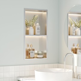 Neohomee 2-Tiers 12x24 Wall Niche With LED Light Strips, Brushed Shower Cabinet, Stainless Steel Bathroom Shelf, NO Tile Needed Recessed Storage Organizer (Non-dimmable)