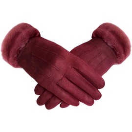 TOSKATOK Ladies Womens Stylish Faux Suede Soft Warm Cosy Winter Gloves with Cosy Liner and Faux Fur Cuff-BURG