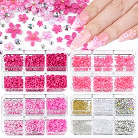 4 Boxes 3D Flower Nail Charms and Gems - Rose Nail Flower Charms Crystal AB Clear Gemstones Silver/Gold Caviar Beads White/AB Pearls for Women DIY Manicure Crafts (19-S4-Rose)