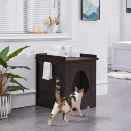 Topeakmart Decorative Cat Litter Box Enclosure-Cat Washroom, Locked Pet End Side Table w/Hidden Storage & Side Towel Bar - Using in Living Room, Maximizing Space, Espresso