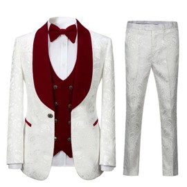 pbyoulna Men's Paisley Jacquard Tuxedo, One Button Shawl Lapel 3 Piece Suit, White Party Wedding Jacket Vest Pants & Bow tie Set, Wine Red M