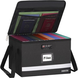 DSDCDJ File Box with Lock - Portable File Organizer Box with Handle, Sturdy Important Document Organizer with Label, Slide, Reflective Strip for Hanging Letter/Legal Folder