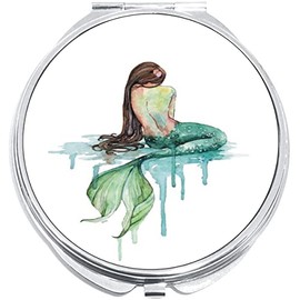 NewCharms Watercolor Mermaid Compact with Mirrors - Perfect Pocket and Purse Size Folding Mirror for Applying Make Up Anywhere