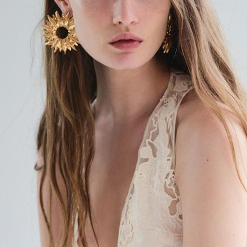 RELOVET Sunburst Earrings Studs Golden Tone Metal Petals Circle Large