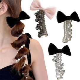 3 Pcs Bow Telephone Wire Hair Bands Pink Black Bowknot Braided Telephone Spiral Wire Hair Ties No Damage Phone Cord Headband Ponytail Holders Ribbon for Women